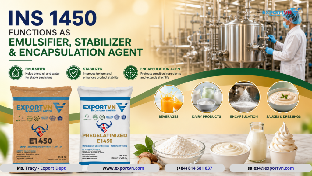 INS 1450: Functions as Emulsifier, Stabilizer & Encapsulation Agent